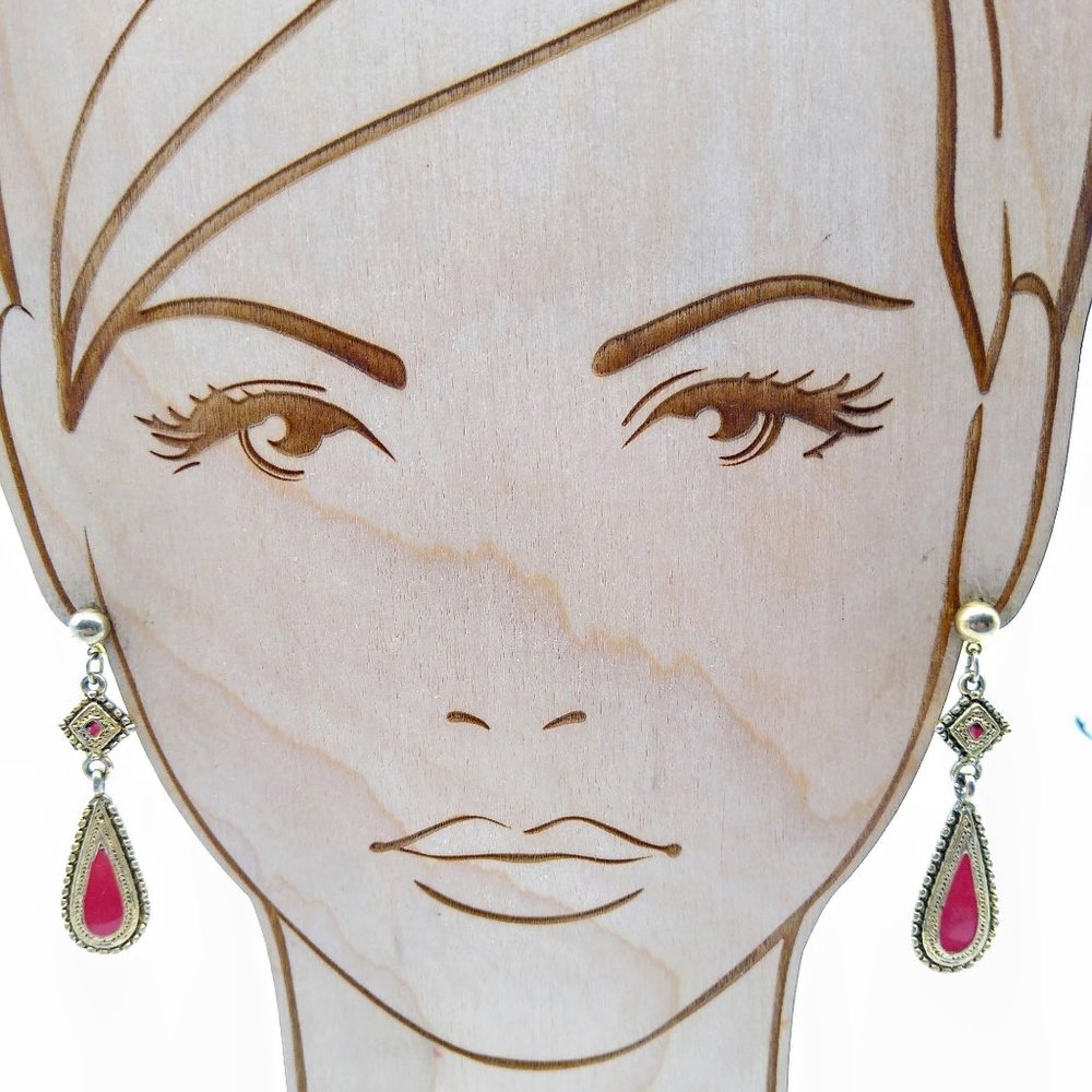 Vintage Red Enamel Dangle Earrings, Elongated Teardrop on Gold Tone